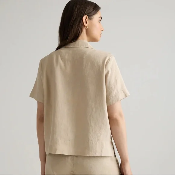 Quince 100% European Linen Short Sleeve Khaki Driftwood Tan Button Down Shirt XS - Picture 8 of 14